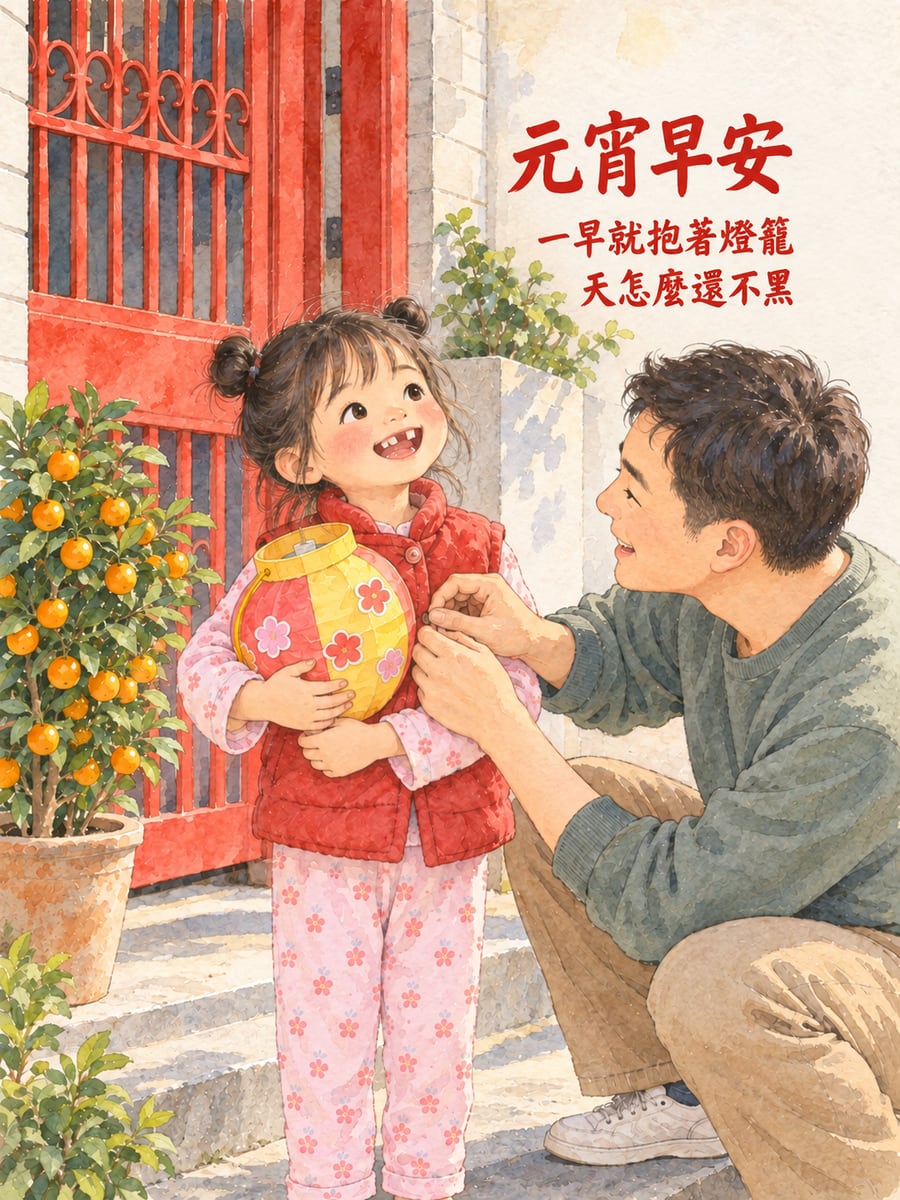 一早抱著燈籠不放的小女孩。圖中文字：元宵早安，一早就抱著燈籠，天怎麼還不黑