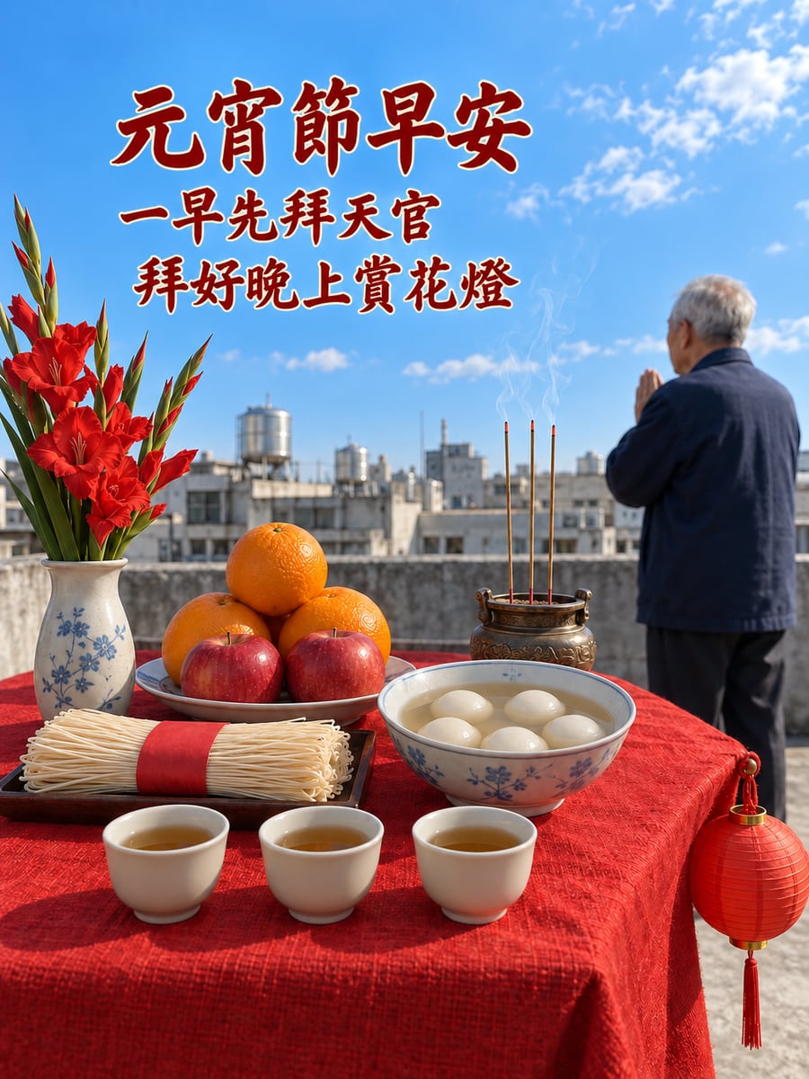 頂樓朝天擺的素供桌。圖中文字：元宵節早安，一早先拜天官，拜好晚上賞花燈