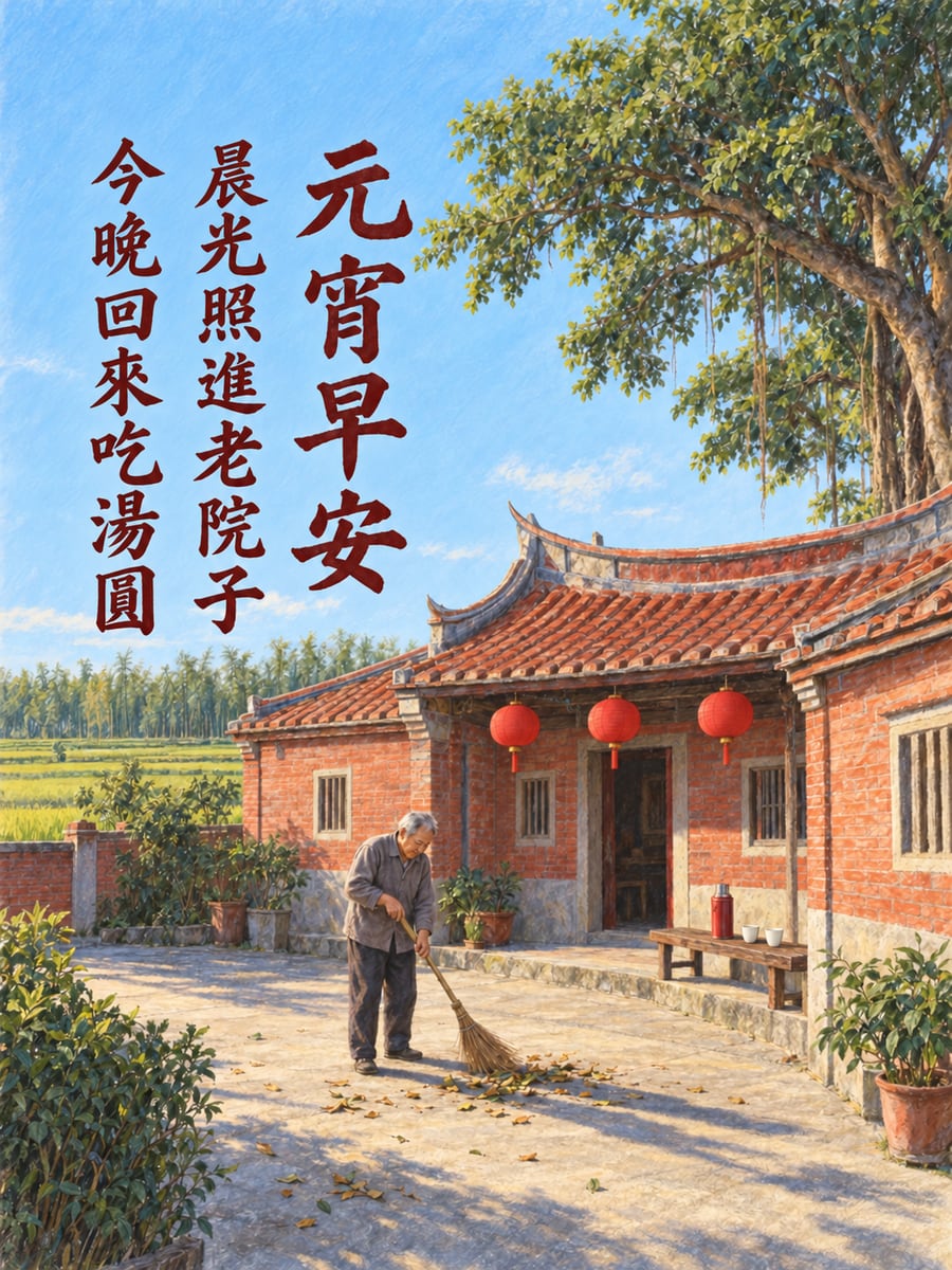 晨光照進三合院的稻埕。圖中文字：元宵早安，晨光照進老院子，今晚回來吃湯圓