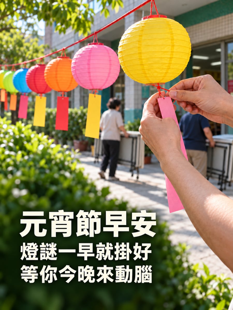 一早綁上燈謎紙條的手。圖中文字：元宵節早安，燈謎一早就掛好，等你今晚來動腦