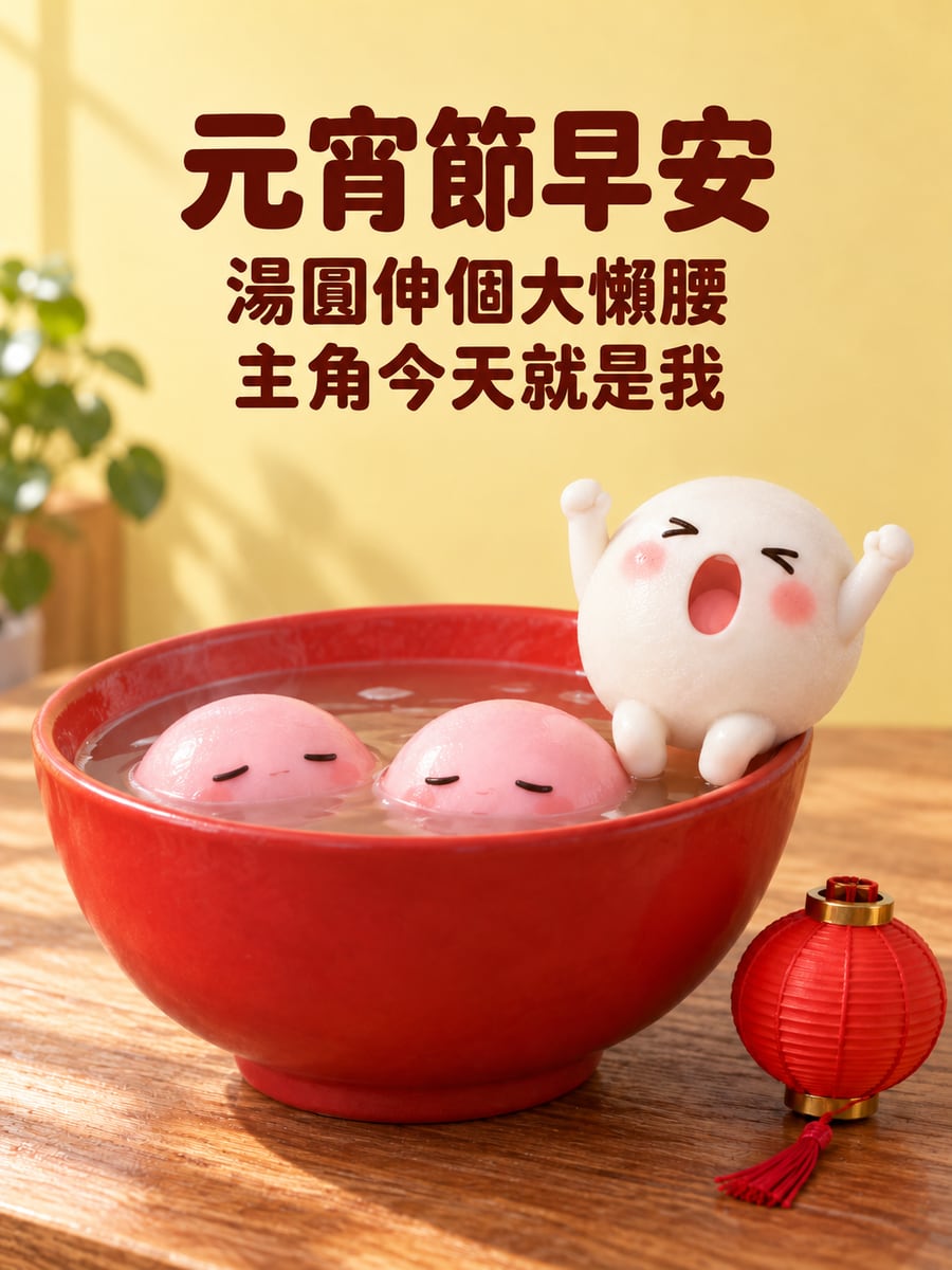 碗邊伸懶腰的湯圓角色。圖中文字：元宵節早安，湯圓伸個大懶腰，主角今天就是我