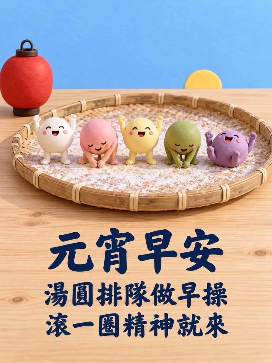 竹篩上做早操的黏土湯圓。圖中文字：元宵早安，湯圓排隊做早操，滾一圈精神就來