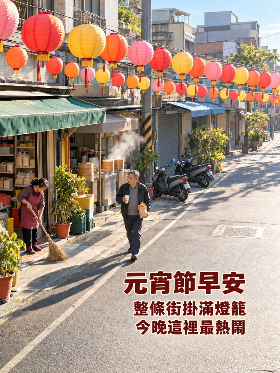 清晨商店街上方的燈籠串。圖中文字：元宵節早安，整條街掛滿燈籠，今晚這裡最熱鬧