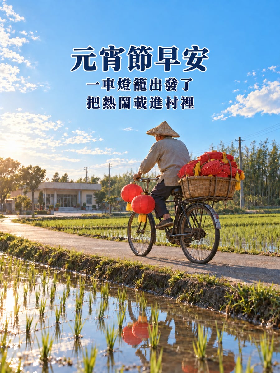 載著一車燈籠的腳踏車。圖中文字：元宵節早安，一車燈籠出發了，把熱鬧載進村裡