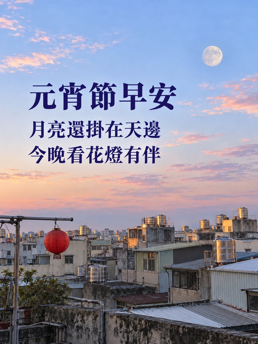 天亮了還掛在屋頂上的滿月。圖中文字：元宵節早安，月亮還掛在天邊，今晚看花燈有伴