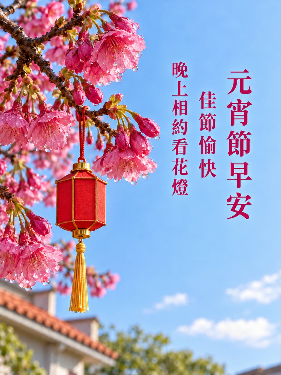 櫻花枝頭掛著的小宮燈。圖中文字：元宵節早安，佳節愉快，晚上相約看花燈