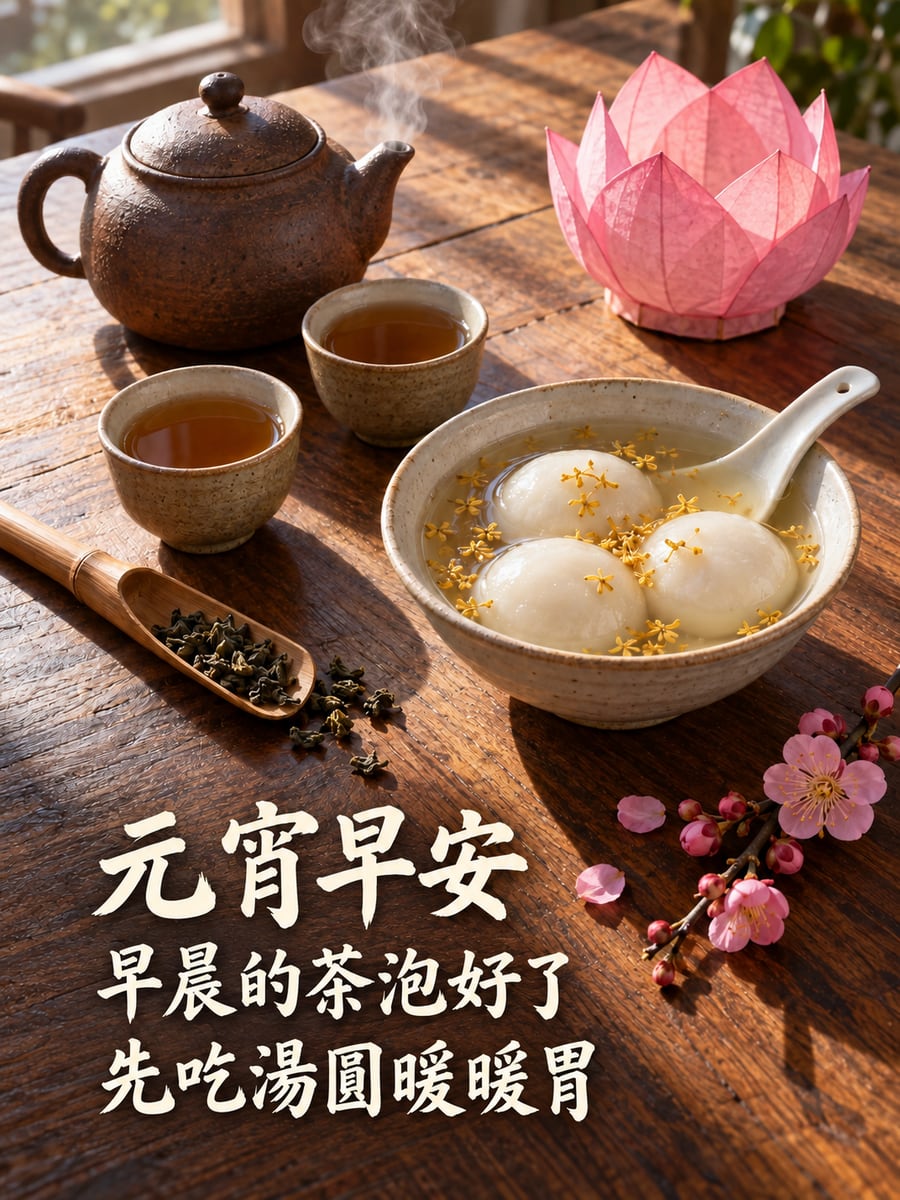 茶桌上的熱茶和湯圓。圖中文字：元宵早安，早晨的茶泡好了，先吃湯圓暖暖胃