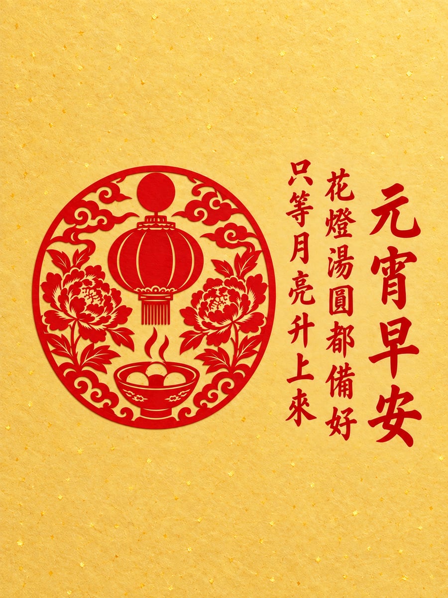 剪紙宮燈牡丹和一碗湯圓。圖中文字：元宵早安，花燈湯圓都備好，只等月亮升上來