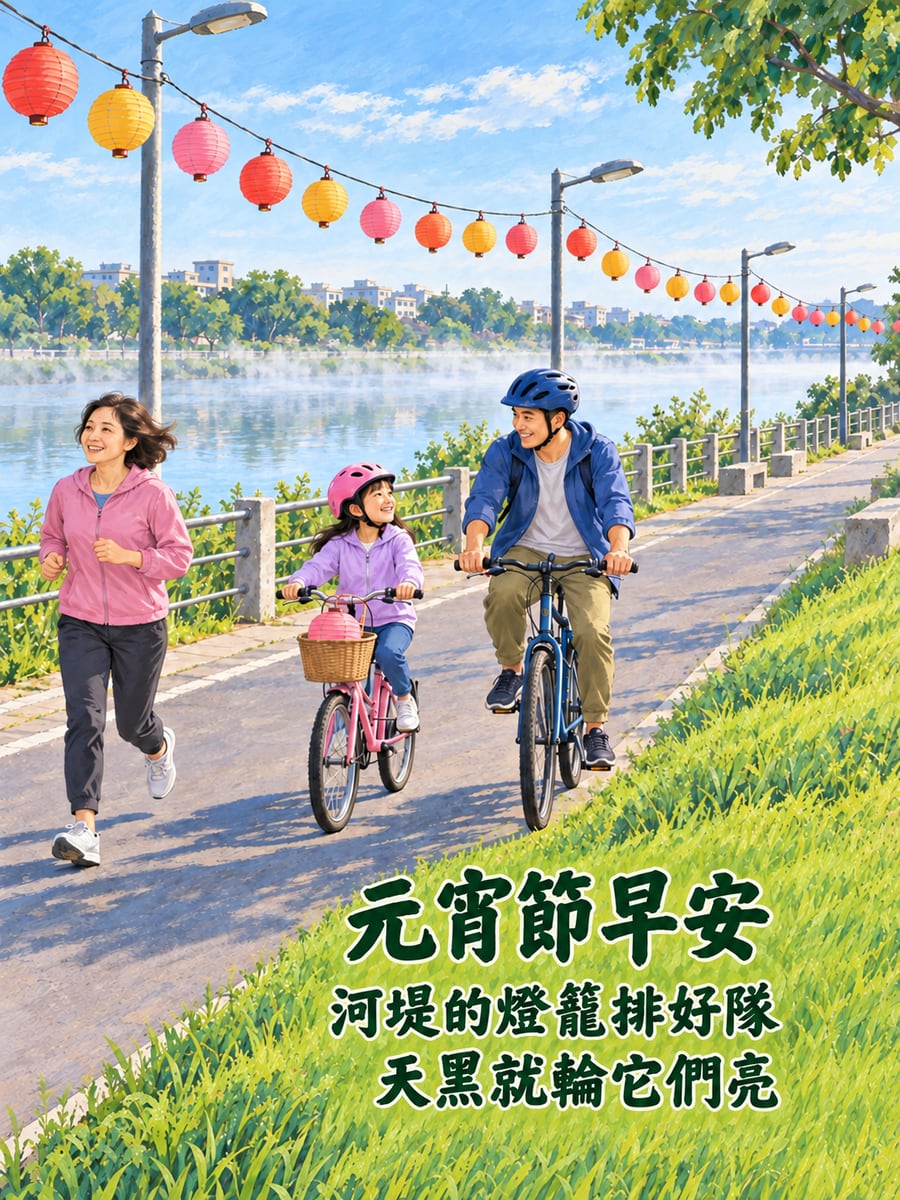 河堤上排好隊的燈籠串。圖中文字：元宵節早安，河堤的燈籠排好隊，天黑就輪它們亮