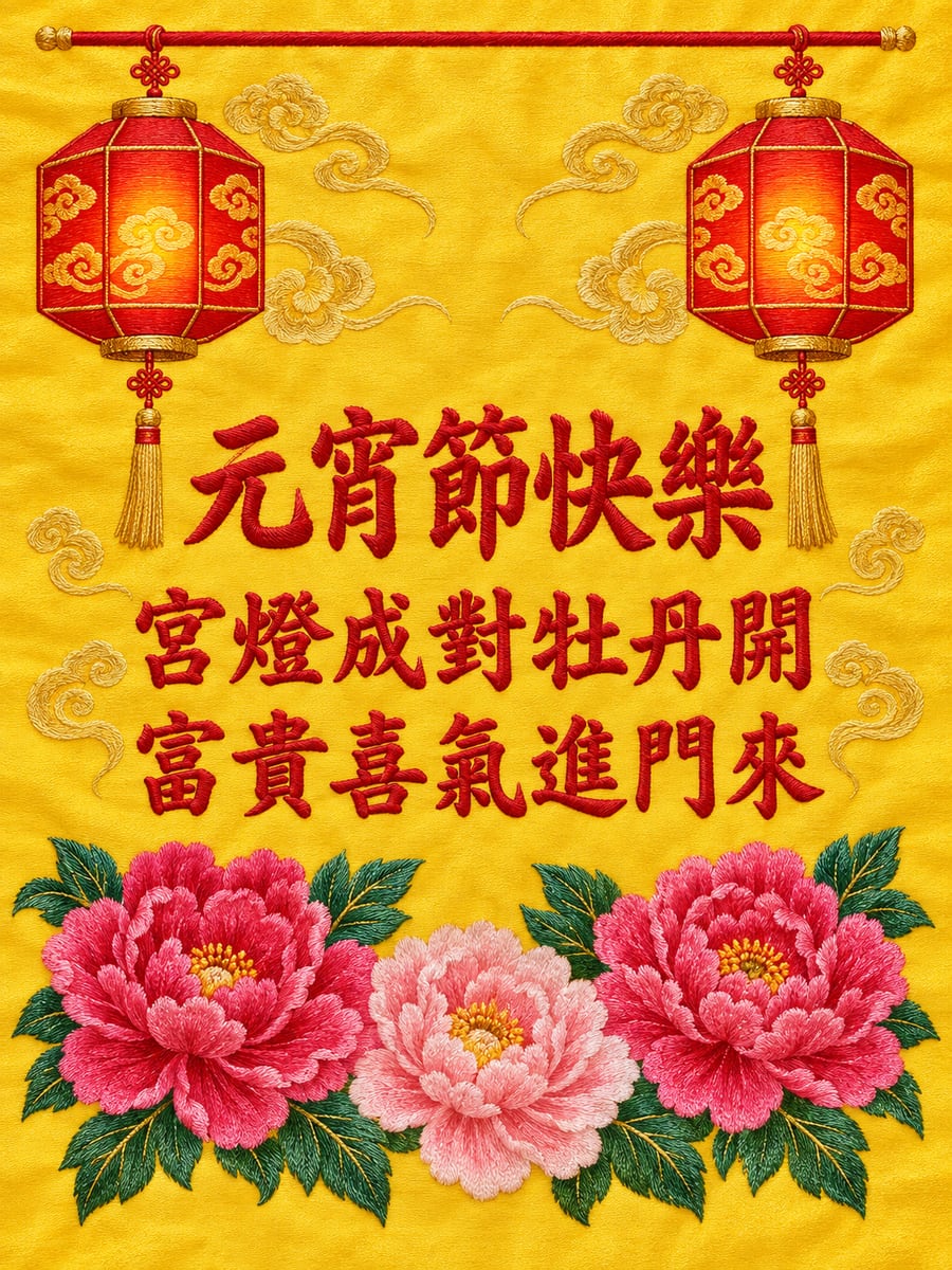 刺繡一對紅宮燈與牡丹。圖中文字：元宵節快樂，宮燈成對牡丹開，富貴喜氣進門來