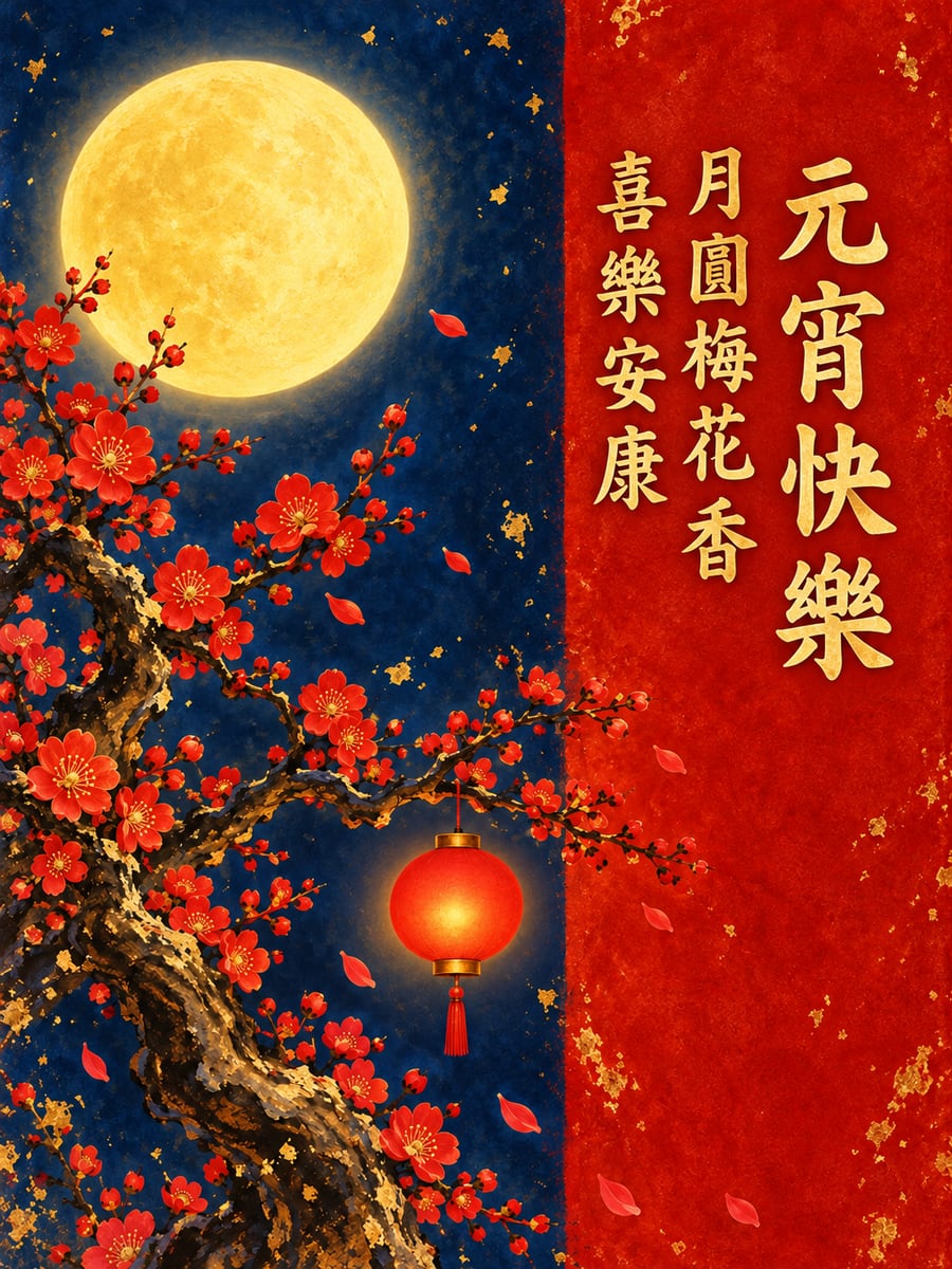 膠彩滿月與紅梅。圖中文字：元宵快樂，月圓梅花香，喜樂安康