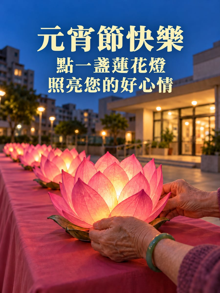 粉紅蓮花燈特寫。圖中文字：元宵節快樂，點一盞蓮花燈，照亮您的好心情