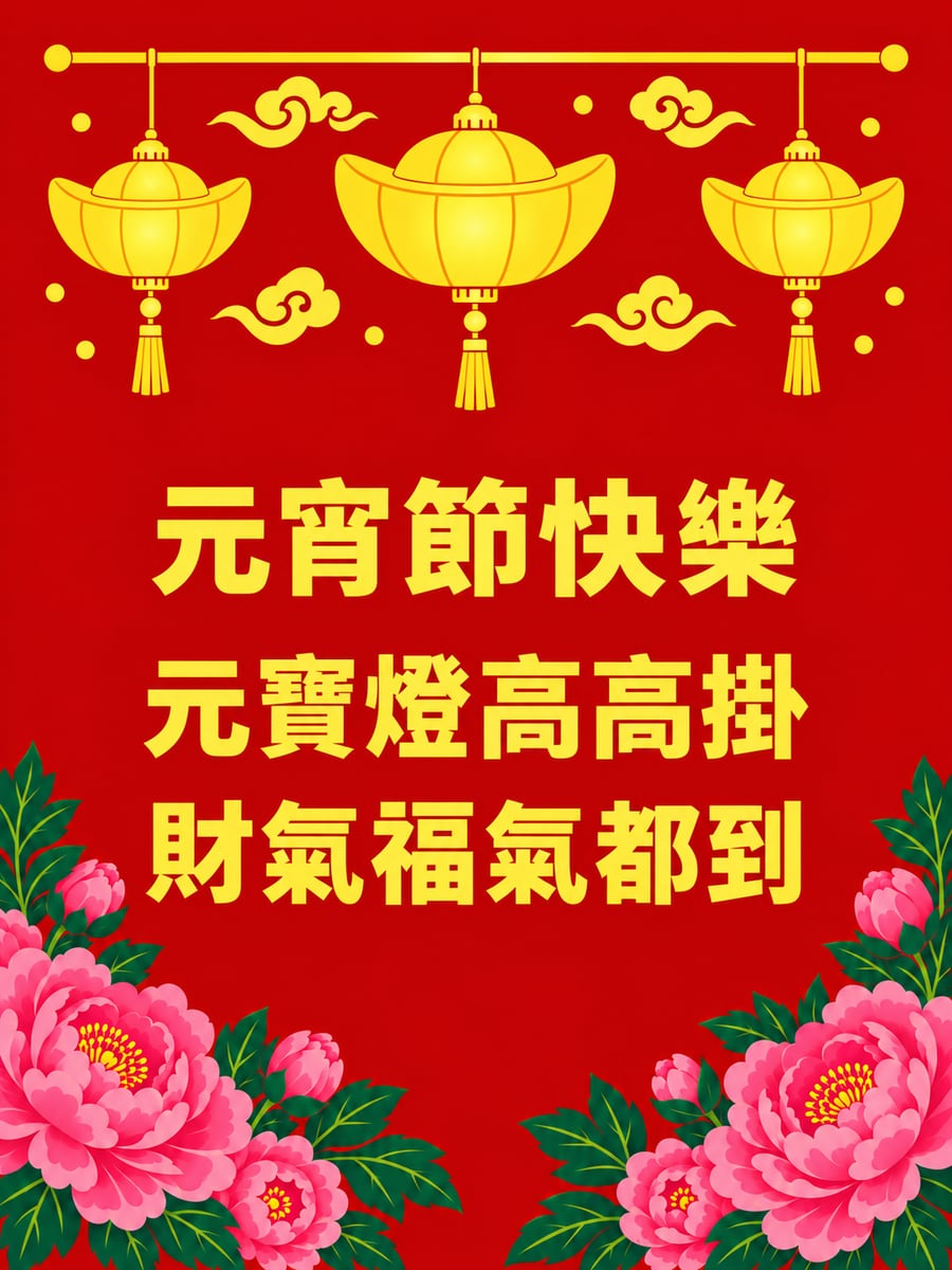 向量元寶燈高高掛。圖中文字：元宵節快樂，元寶燈高高掛，財氣福氣都到