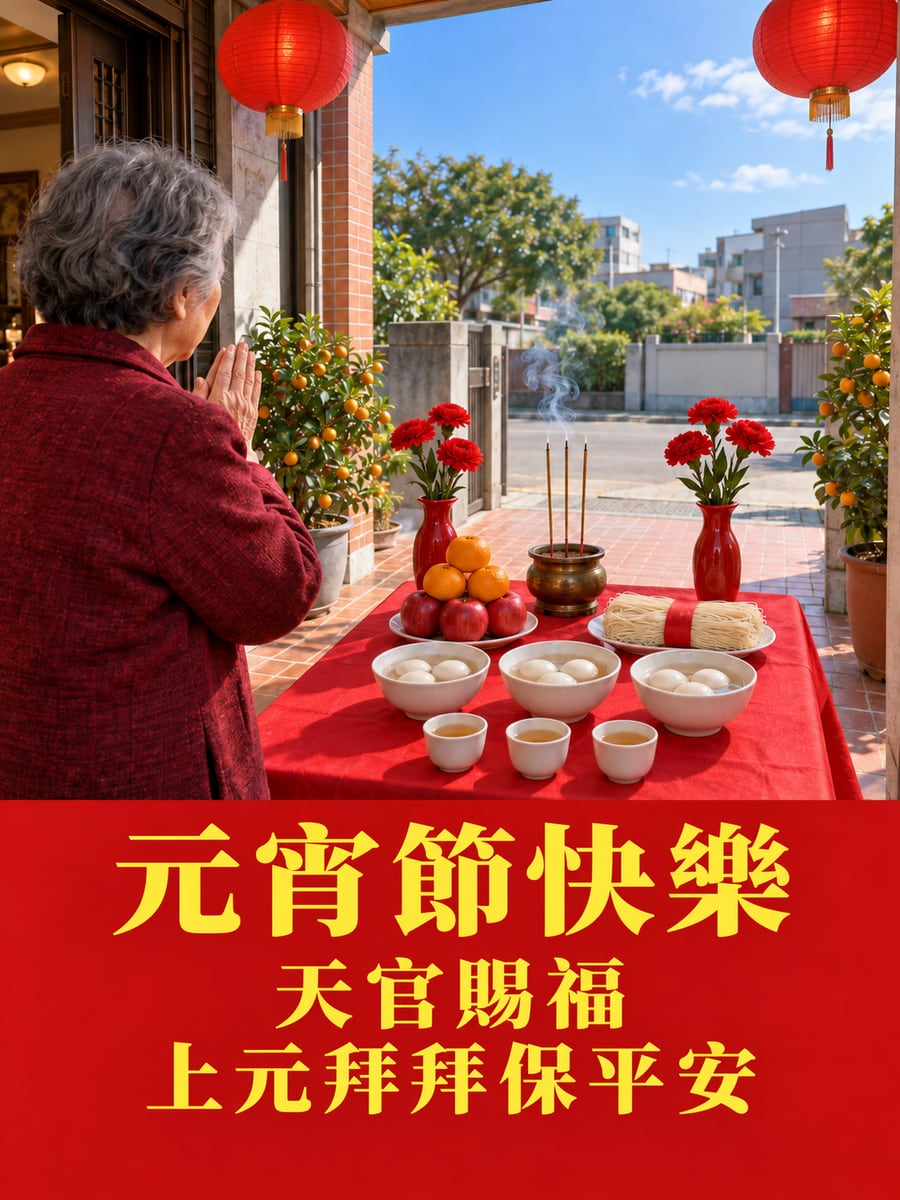 上午家門口拜天官的供桌。圖中文字：元宵節快樂，天官賜福，上元拜拜保平安