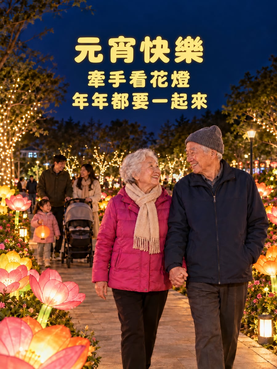 阿公阿嬤牽手看花燈。圖中文字：元宵快樂，牽手看花燈，年年都要一起來