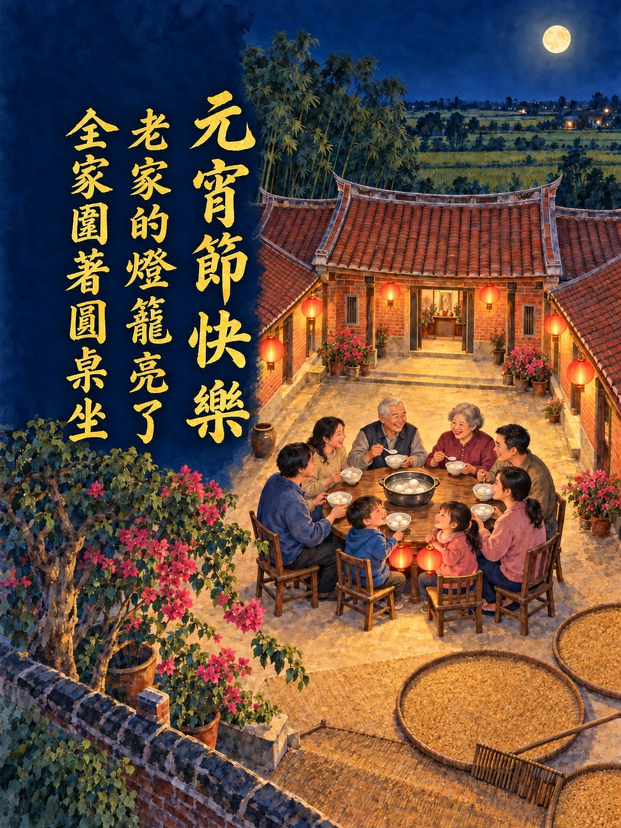 月光下亮著紅燈籠的三合院。圖中文字：元宵節快樂，老家的燈籠亮了，全家圍著圓桌坐