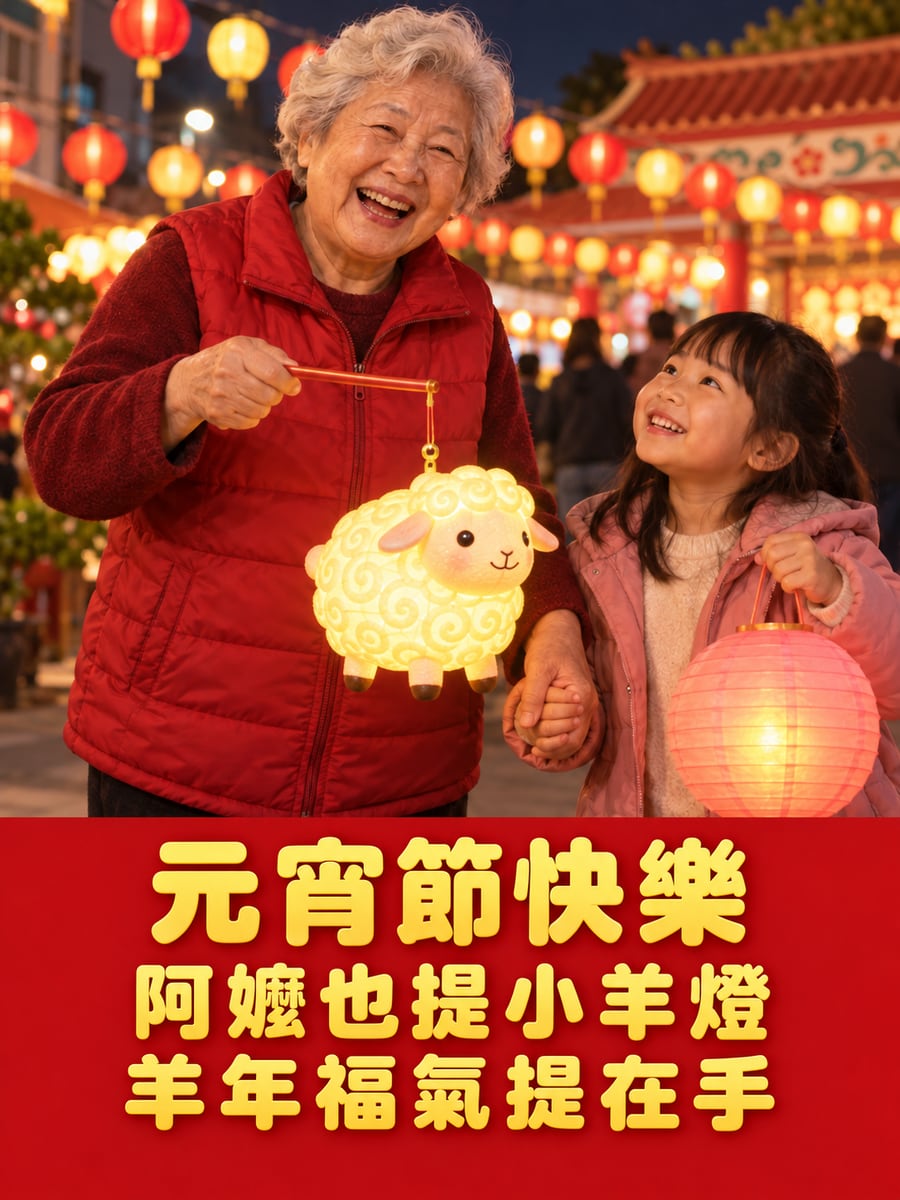 阿嬤手上的小羊提燈。圖中文字：元宵節快樂，阿嬤也提小羊燈，羊年福氣提在手