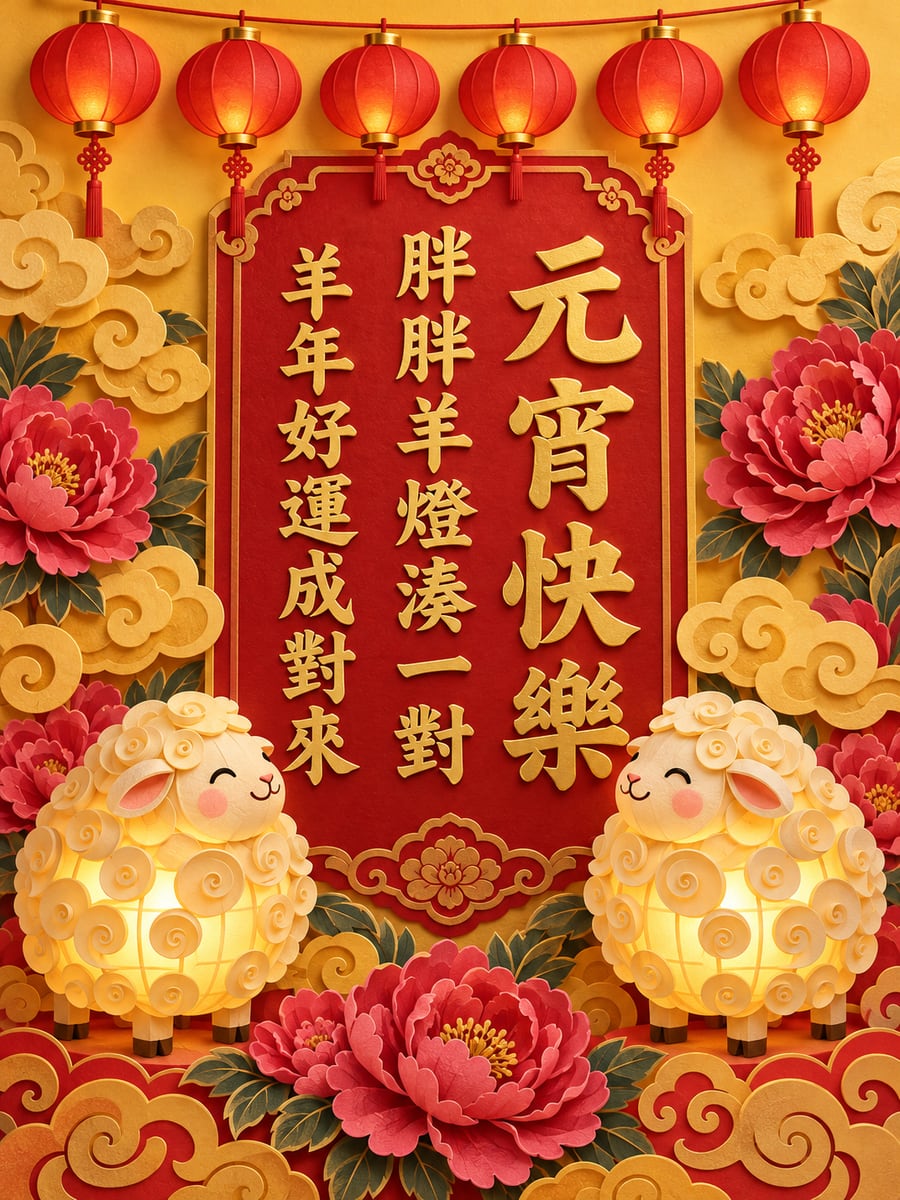 紙雕一對綿羊花燈。圖中文字：元宵快樂，胖胖羊燈湊一對，羊年好運成對來