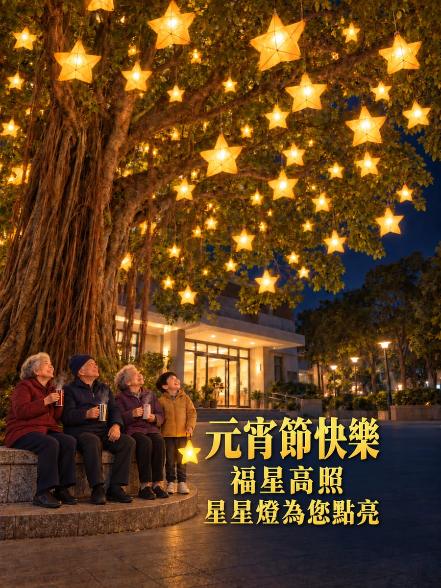 高掛在大榕樹上的星星燈。圖中文字：元宵節快樂，福星高照，星星燈為您點亮