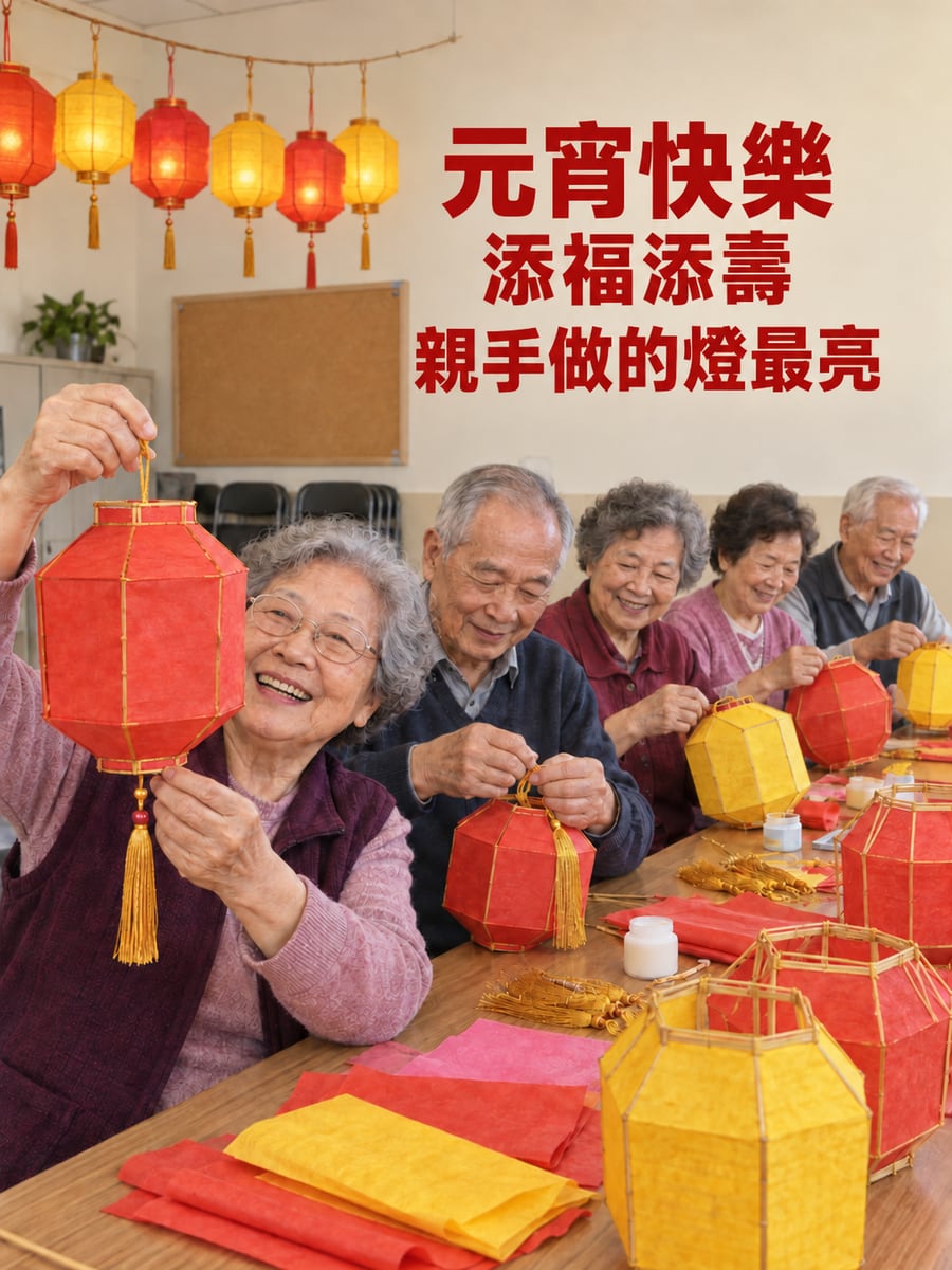 樂齡教室的長輩做燈籠。圖中文字：元宵快樂，添福添壽，親手做的燈最亮