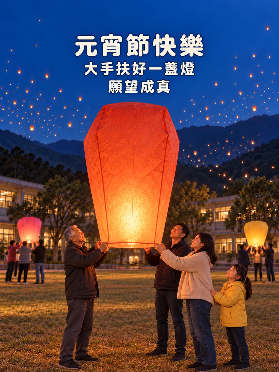 平溪操場上扶好的天燈。圖中文字：元宵節快樂，大手扶好一盞燈，願望成真