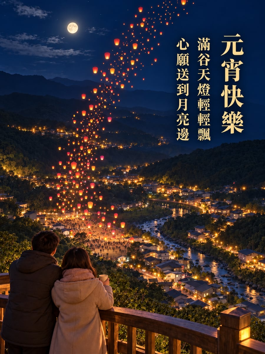 十分山谷升起的天燈。圖中文字：元宵快樂，滿谷天燈輕輕飄，心願送到月亮邊