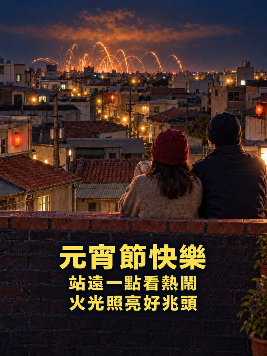 鹽水屋頂上遠望的火光。圖中文字：元宵節快樂，站遠一點看熱鬧，火光照亮好兆頭