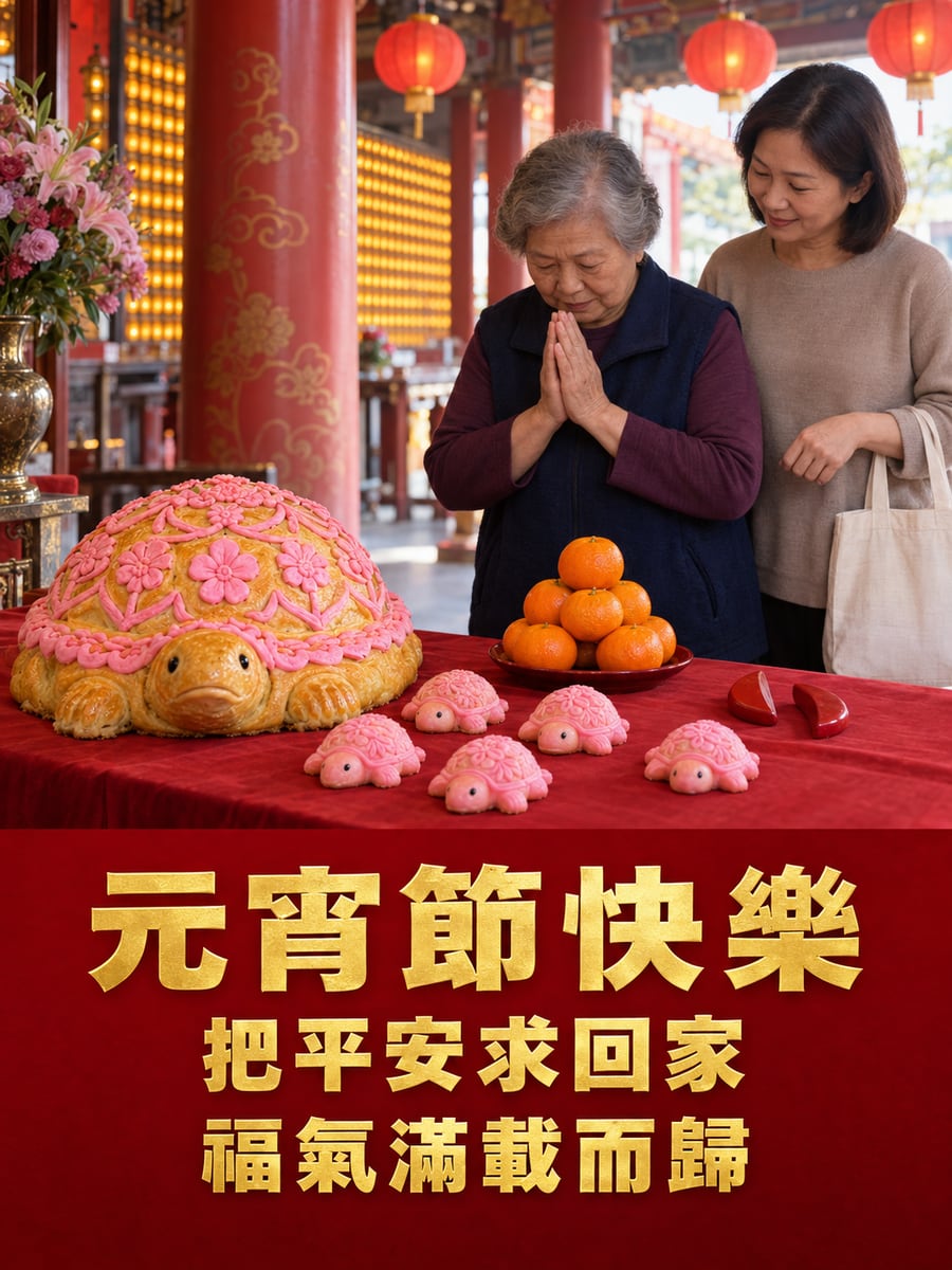 澎湖廟裡供桌上的平安龜。圖中文字：元宵節快樂，把平安求回家，福氣滿載而歸