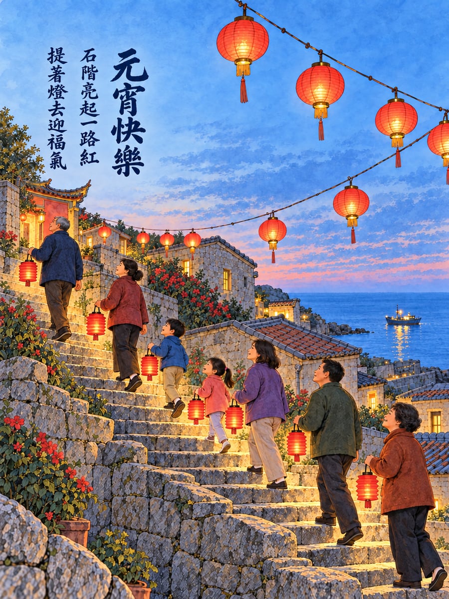 馬祖石屋聚落亮起的紅燈籠。圖中文字：元宵快樂，石階亮起一路紅，提著燈去迎福氣