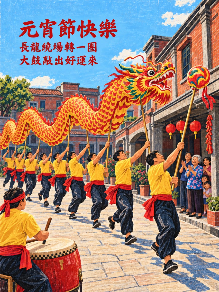 客家庄廣場上的舞龍。圖中文字：元宵節快樂，長龍繞場轉一圈，大鼓敲出好運來