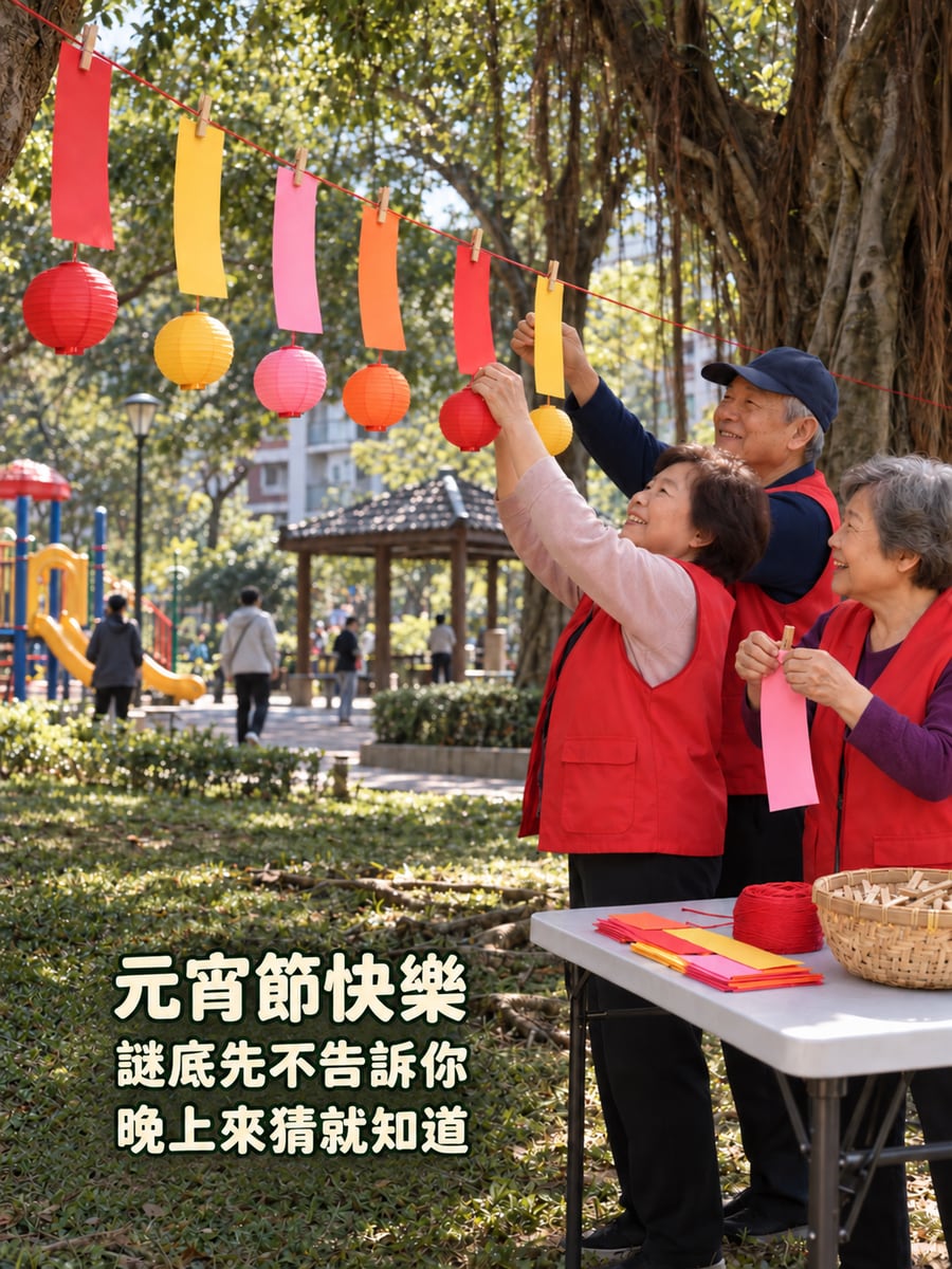 榕樹下夾好的彩色燈謎條。圖中文字：元宵節快樂，謎底先不告訴你，晚上來猜就知道
