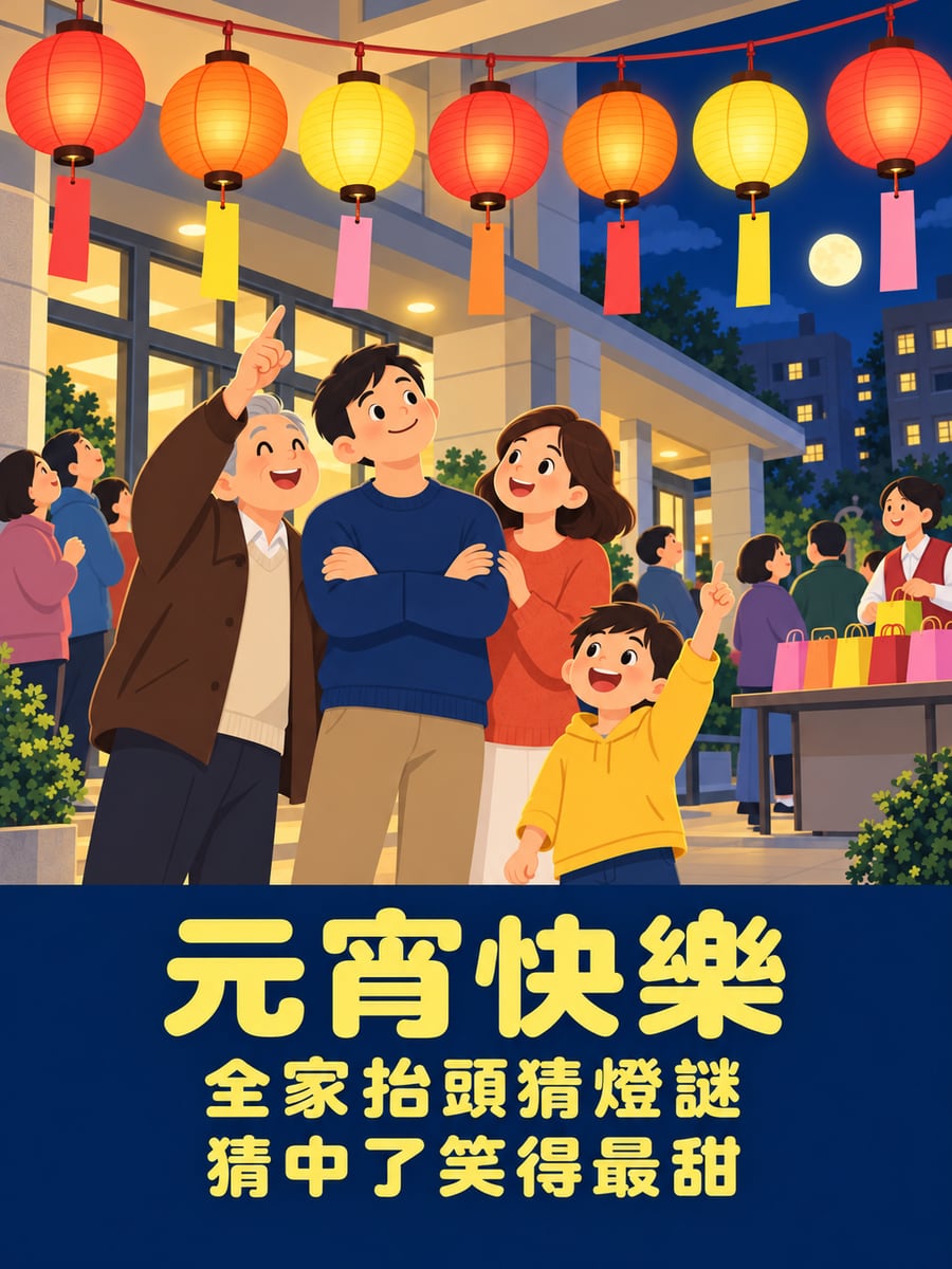 廊下抬頭猜燈謎的一家人。圖中文字：元宵快樂，全家抬頭猜燈謎，猜中了笑得最甜