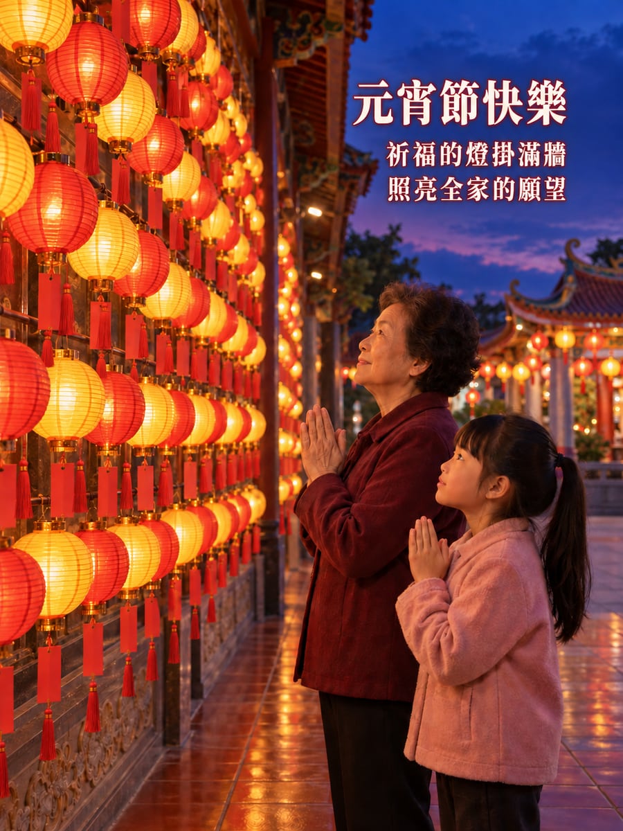 宮廟側廊的祈福燈籠牆。圖中文字：元宵節快樂，祈福的燈掛滿牆，照亮全家的願望