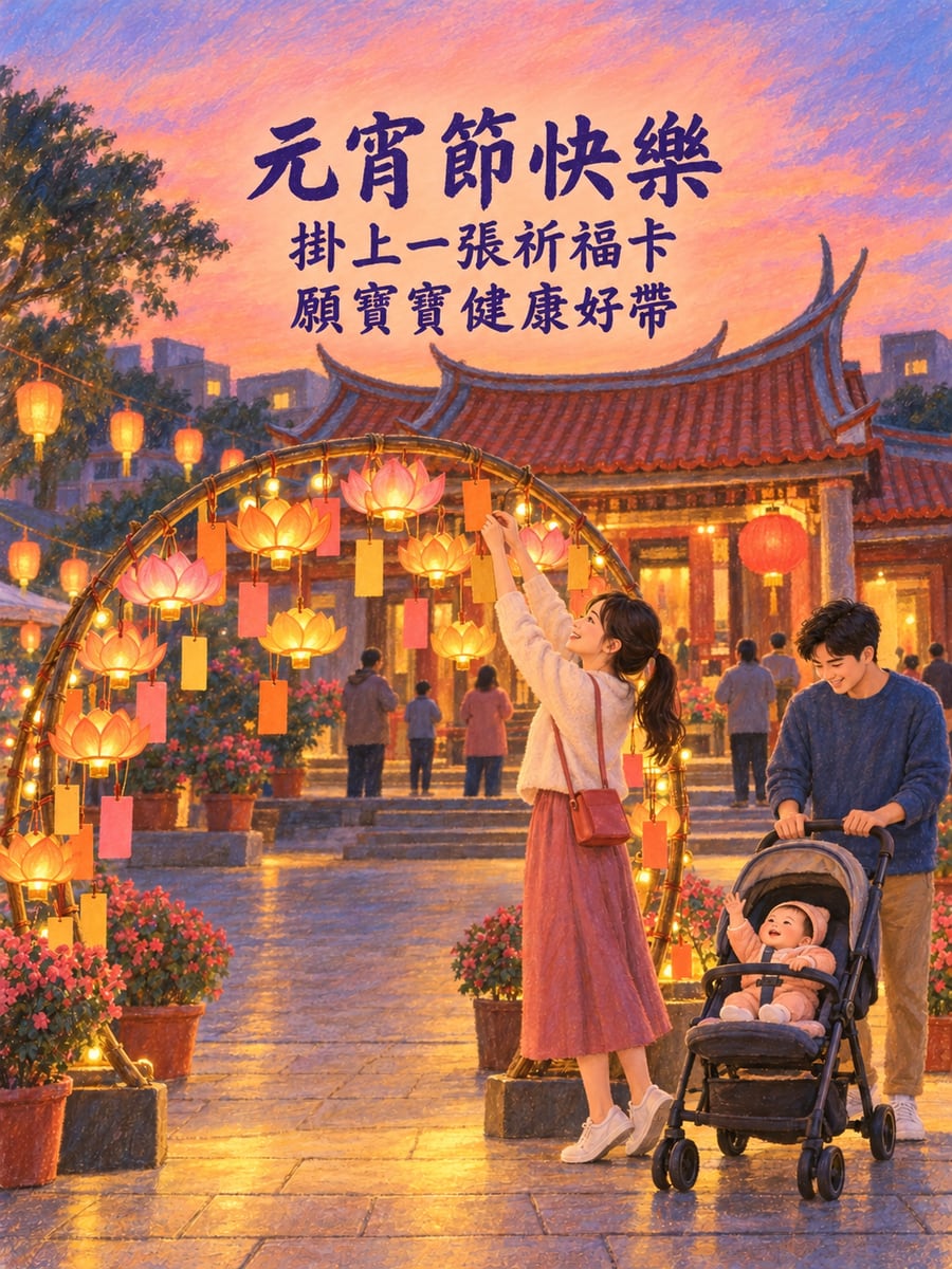 廟埕蓮花燈架前掛祈福卡。圖中文字：元宵節快樂，掛上一張祈福卡，願寶寶健康好帶