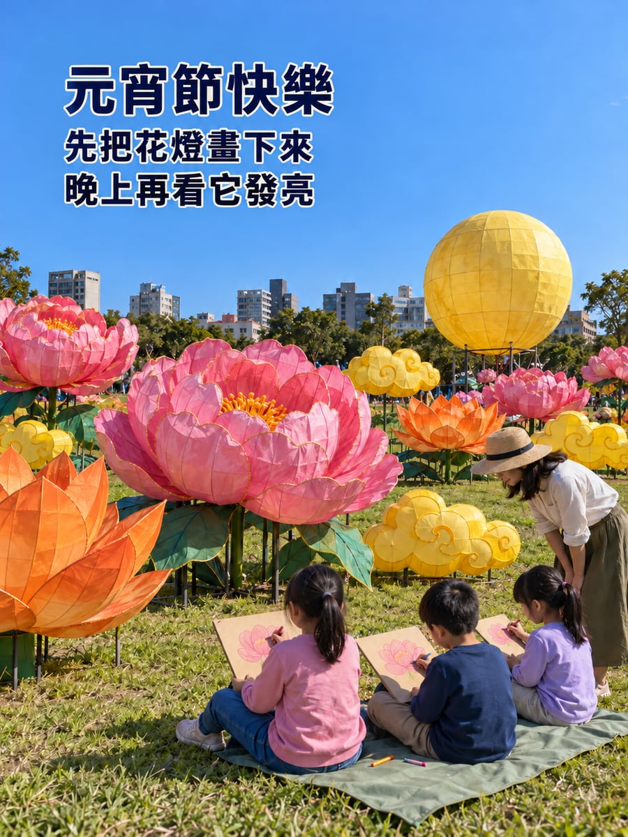 白天還沒亮的花朵燈區。圖中文字：元宵節快樂，先把花燈畫下來，晚上再看它發亮
