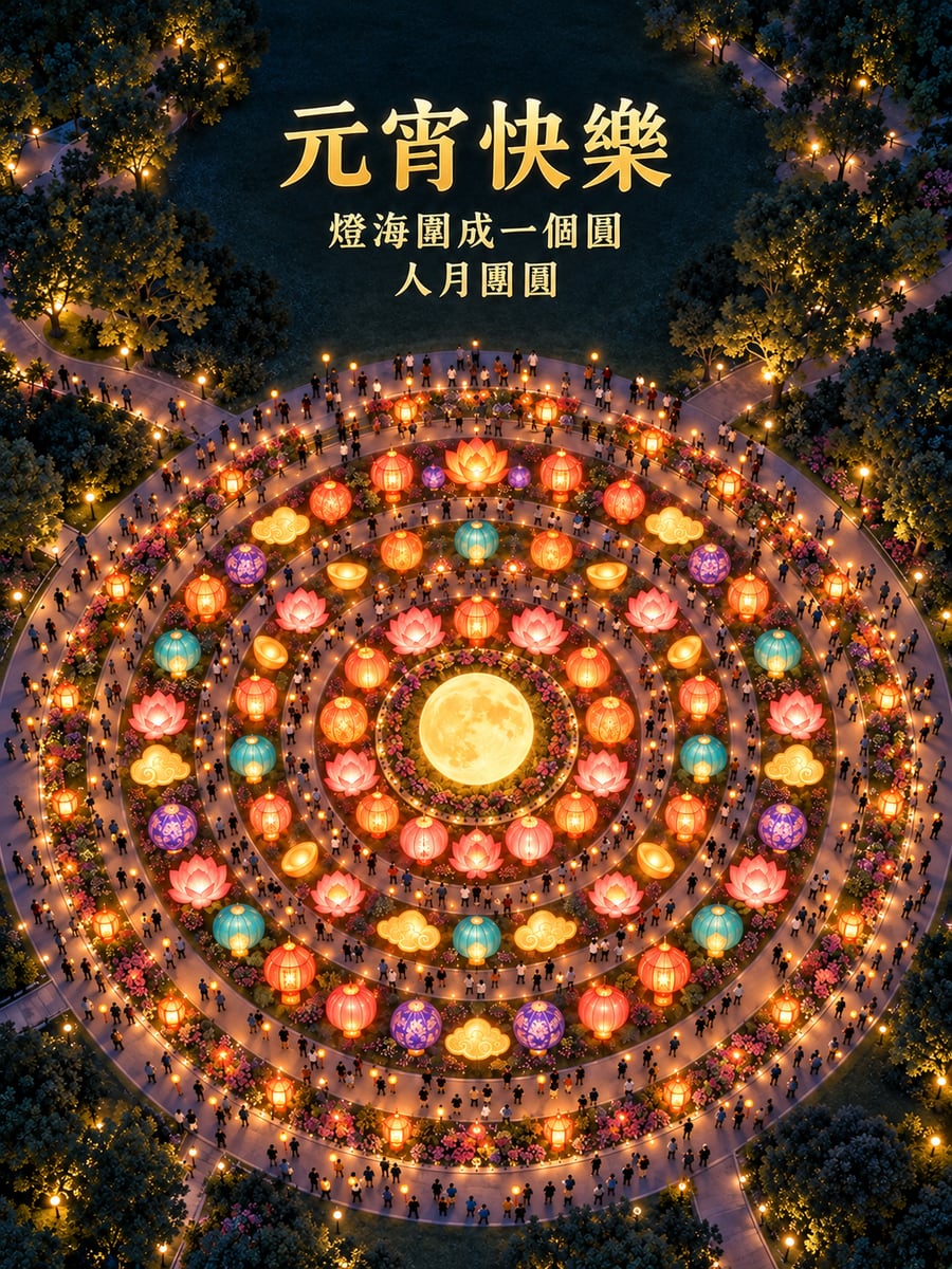 空拍燈區圍成圓的燈海。圖中文字：元宵快樂，燈海圍成一個圓，人月團圓