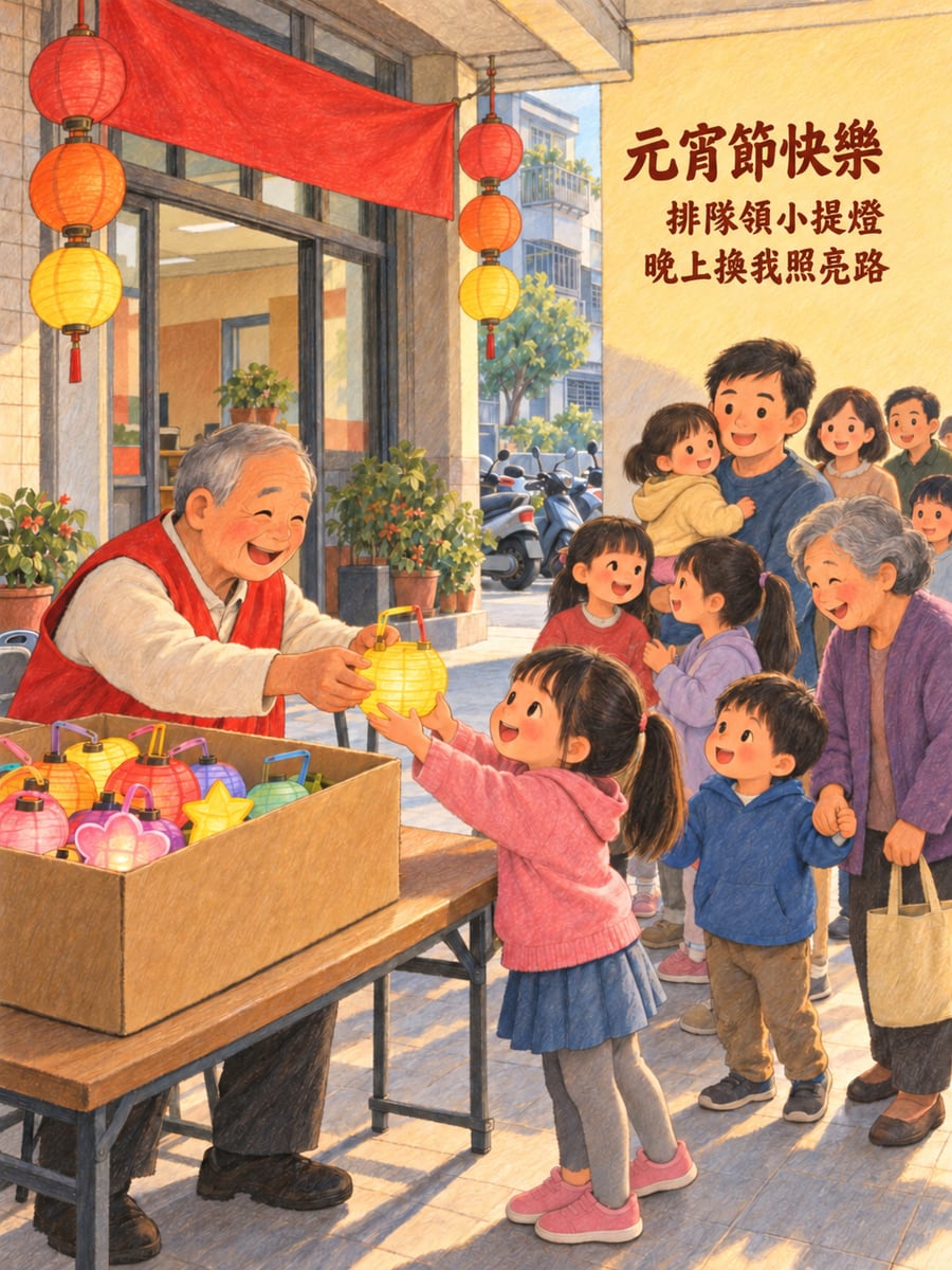 里長伯發小提燈。圖中文字：元宵節快樂，排隊領小提燈，晚上換我照亮路