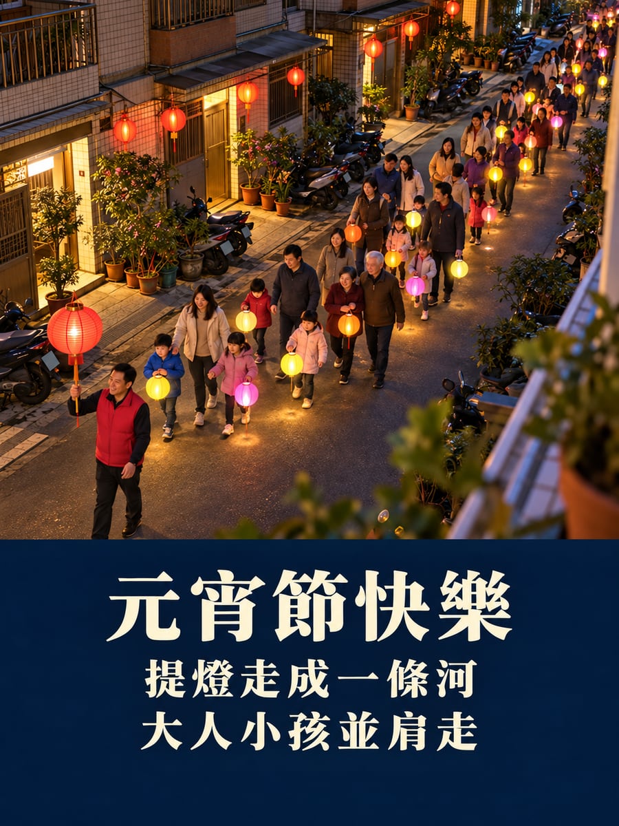 巷子裡提燈遊行的光河。圖中文字：元宵節快樂，提燈走成一條河，大人小孩並肩走