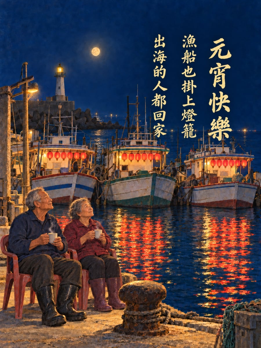 漁港裡掛上燈籠的漁船。圖中文字：元宵快樂，漁船也掛上燈籠，出海的人都回家
