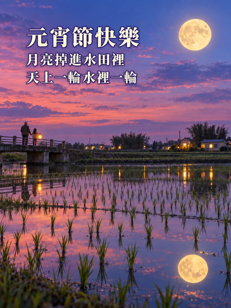 水田裡的滿月倒影。圖中文字：元宵節快樂，月亮掉進水田裡，天上一輪水裡一輪