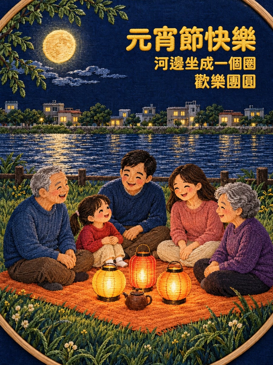 刺繡河岸圍坐的一家人。圖中文字：元宵節快樂，河邊坐成一個圈，歡樂團圓