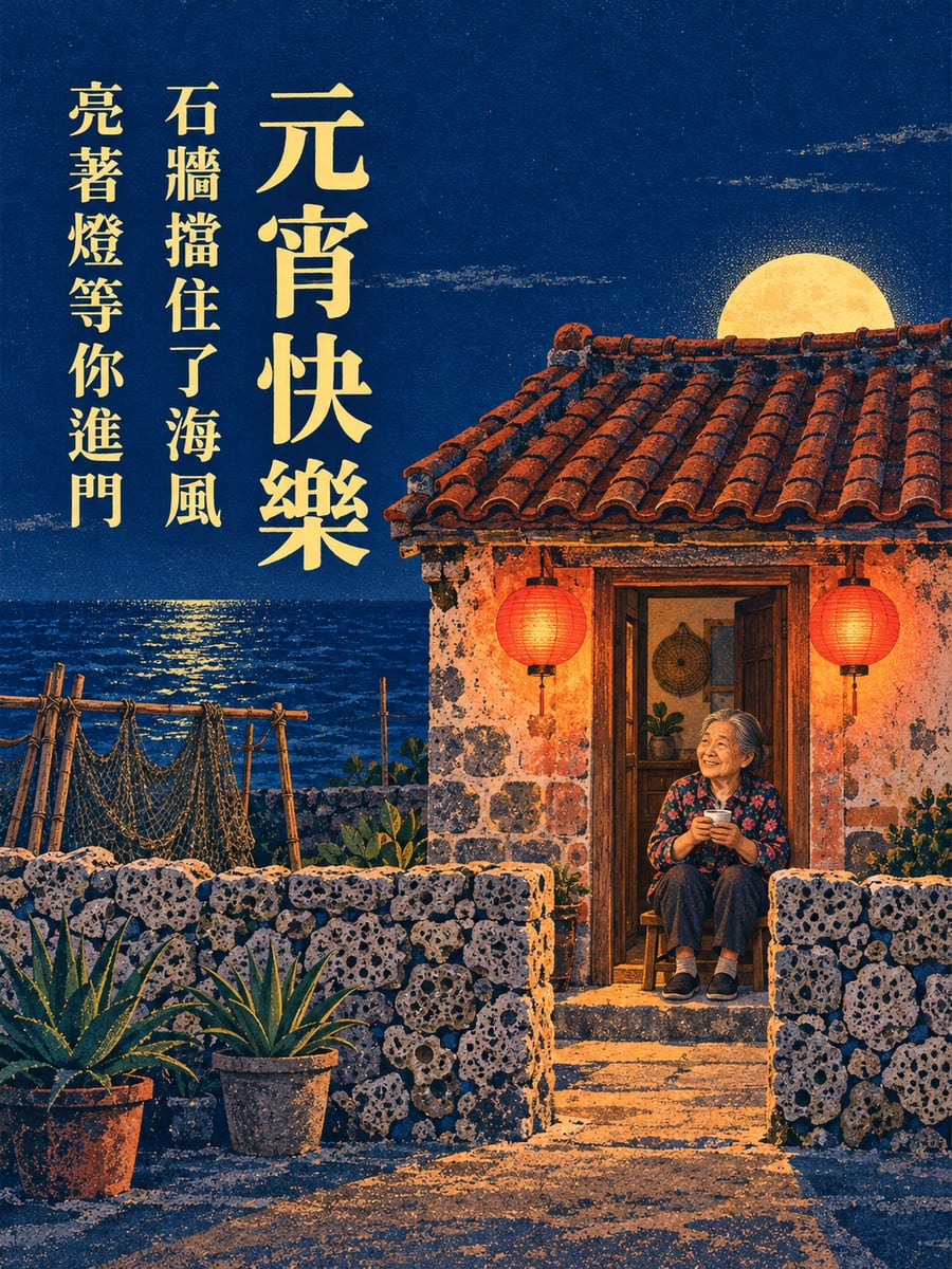 離島石牆老屋門口的燈。圖中文字：元宵快樂，石牆擋住了海風，亮著燈等你進門