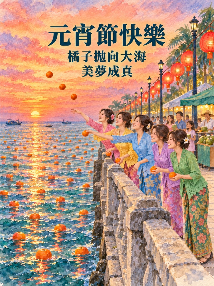 檳城海濱拋橘子的十五暝。圖中文字：元宵節快樂，橘子拋向大海，美夢成真