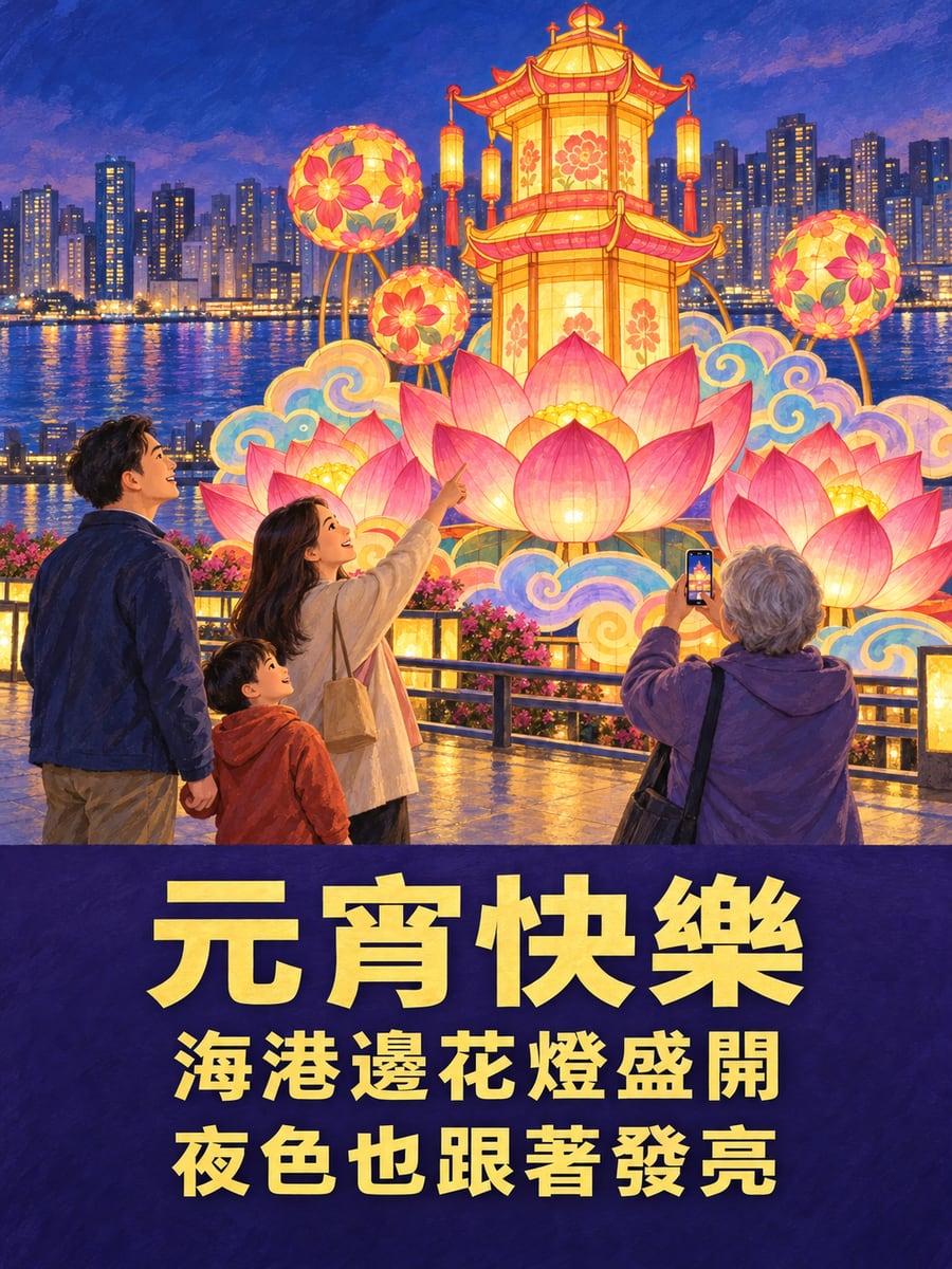 香港海濱廣場的花燈紮作。圖中文字：元宵快樂，海港邊花燈盛開，夜色也跟著發亮