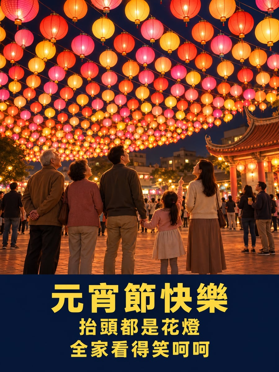 廟埕花燈頂棚下的一家人。圖中文字：元宵節快樂，抬頭都是花燈，全家看得笑呵呵