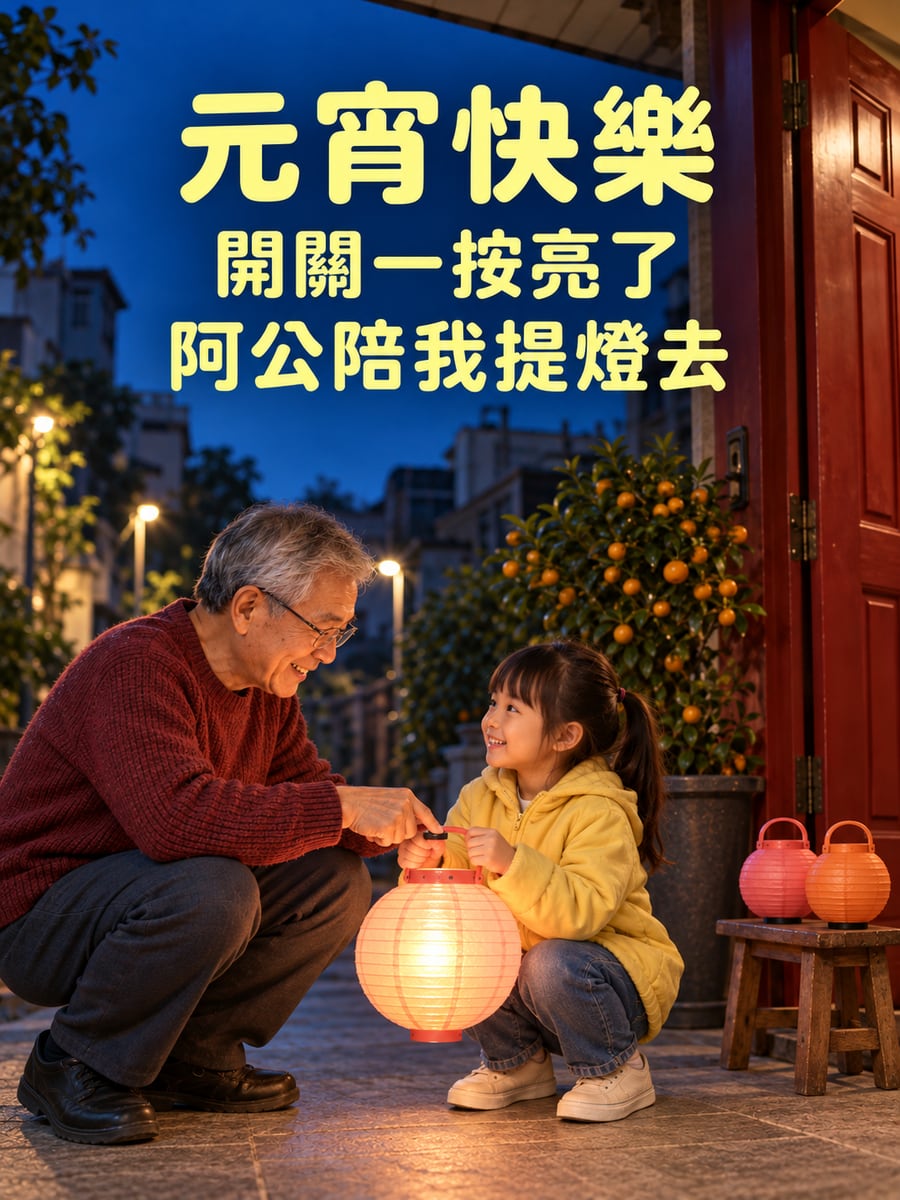 阿公幫孫女打開小提燈。圖中文字：元宵快樂，開關一按亮了，阿公陪我提燈去