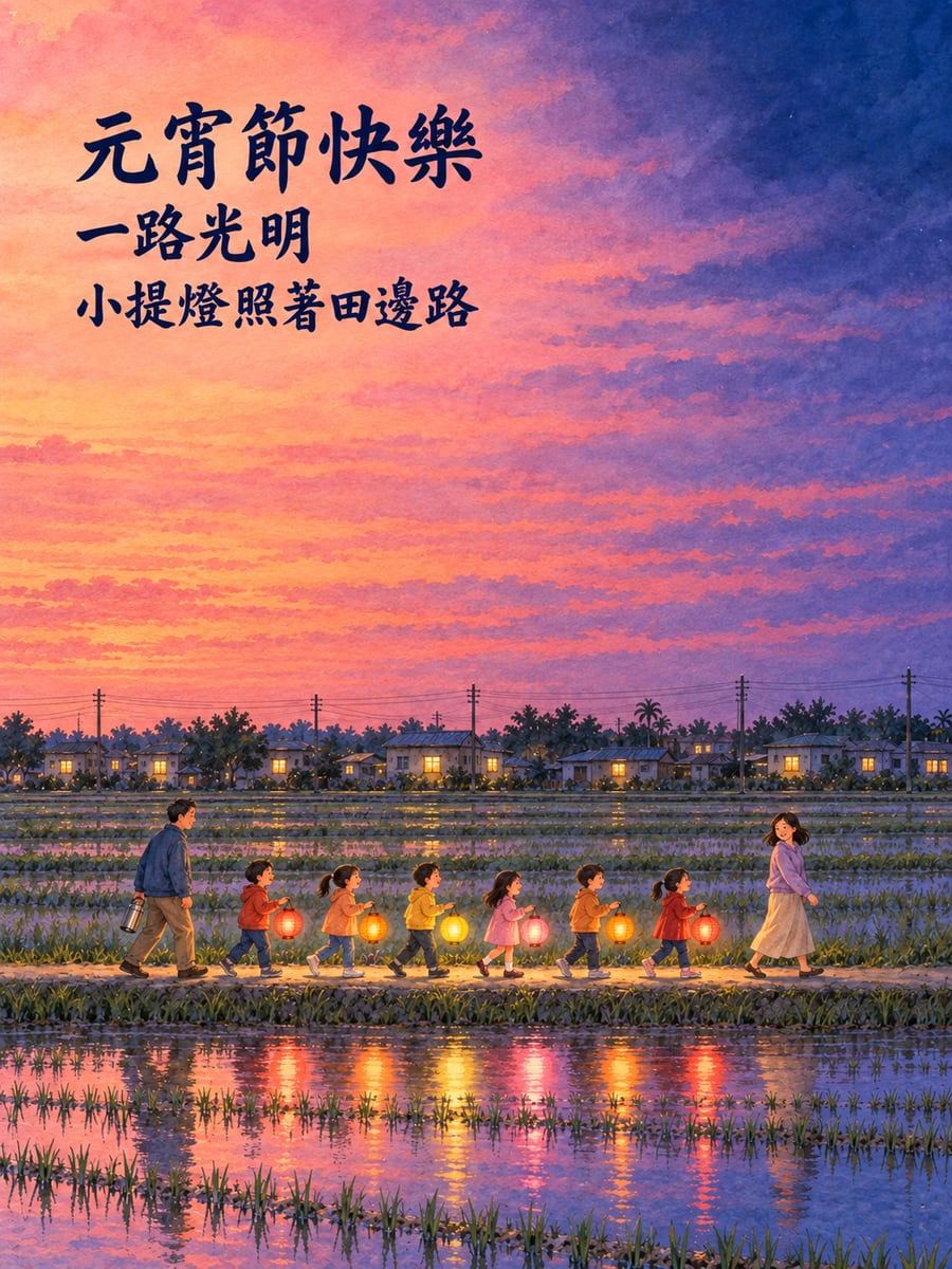 田邊小路的提燈隊伍。圖中文字：元宵節快樂，一路光明，小提燈照著田邊路