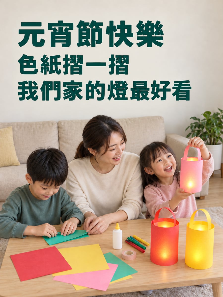 客廳矮桌上親子做紙燈籠。圖中文字：元宵節快樂，色紙摺一摺，我們家的燈最好看
