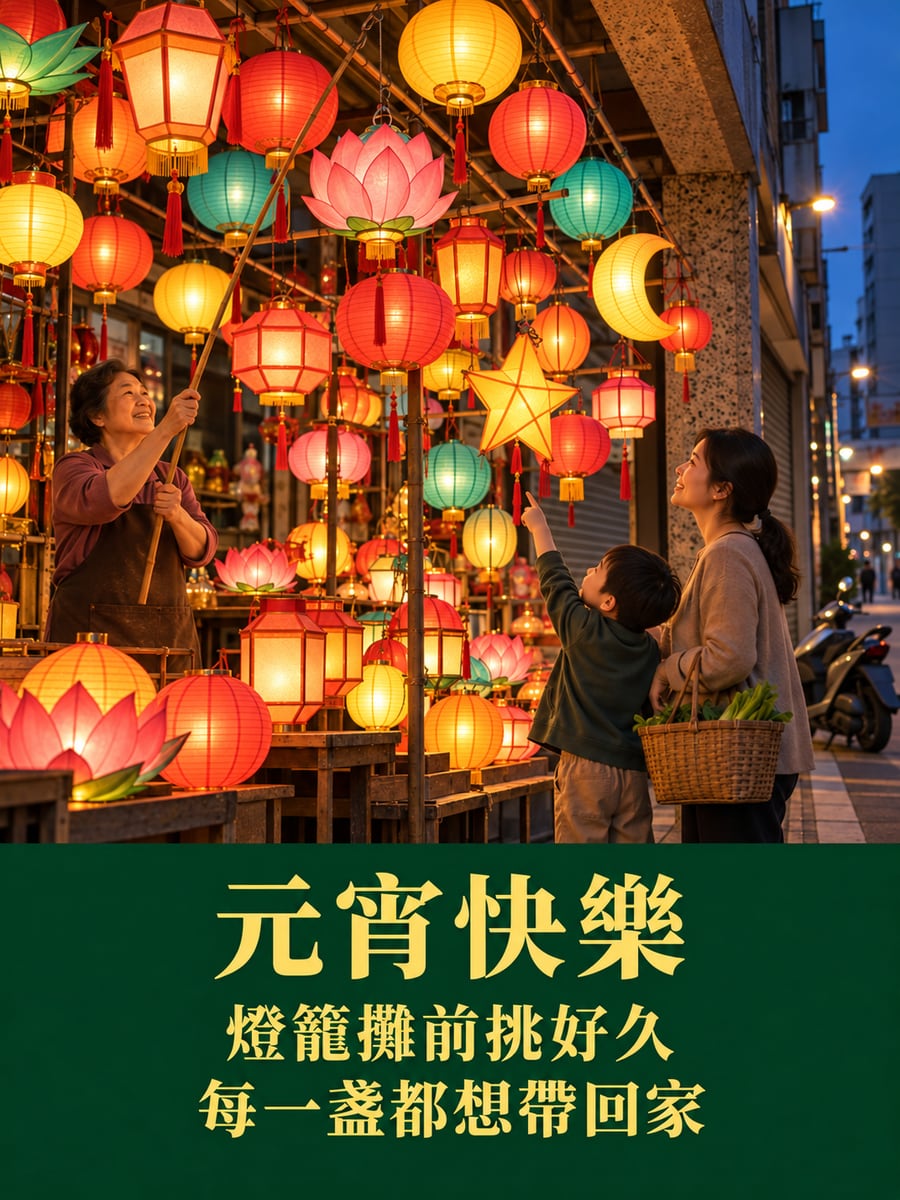 騎樓下的燈籠攤。圖中文字：元宵快樂，燈籠攤前挑好久，每一盞都想帶回家