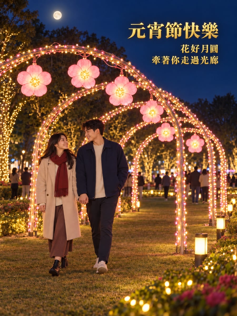 公園光廊下牽手的情侶。圖中文字：元宵節快樂，花好月圓，牽著你走過光廊